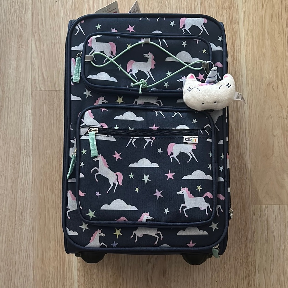 Kids Unicorn Print Rolling Luggage - Navy with Pink & Mint